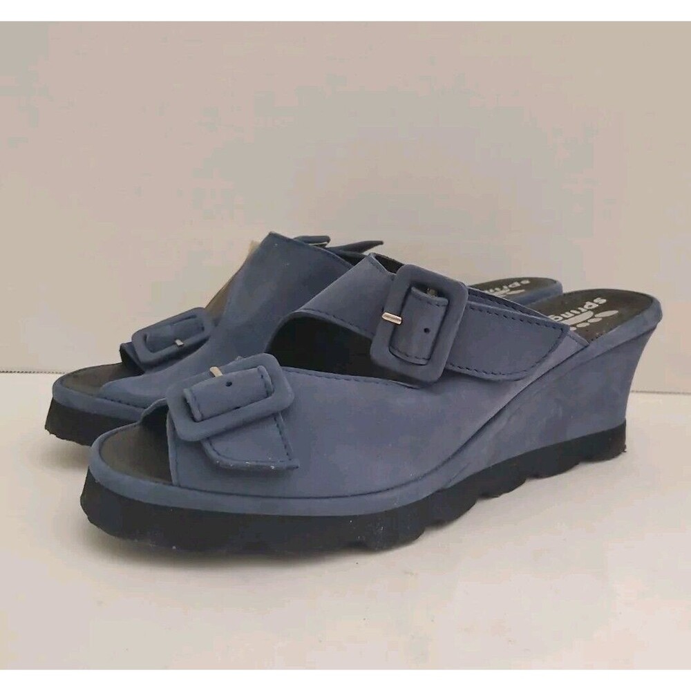 Spring Step Sandals Slides Women Size 36 US 5.5 Blue Leather Wedge Heels Buckle